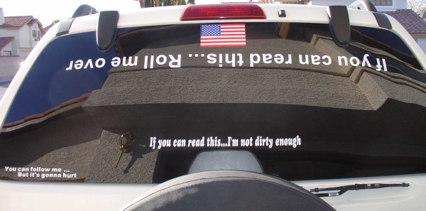 Decals on back window of Jeep